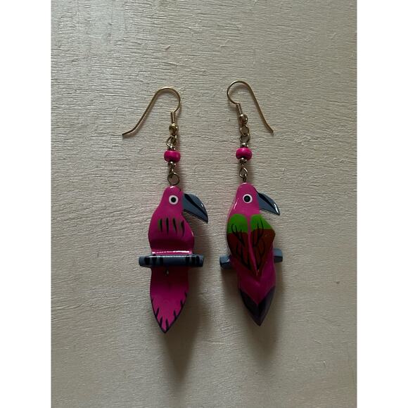 4 Pairs of Parrot Earrings. Handmade Golden and Painted Wood! - Picture 5 of 6